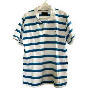 Vtg Y2K American Eagle Stripe Polo Shirt Preppy Blue White SZ Large 100% Cotton